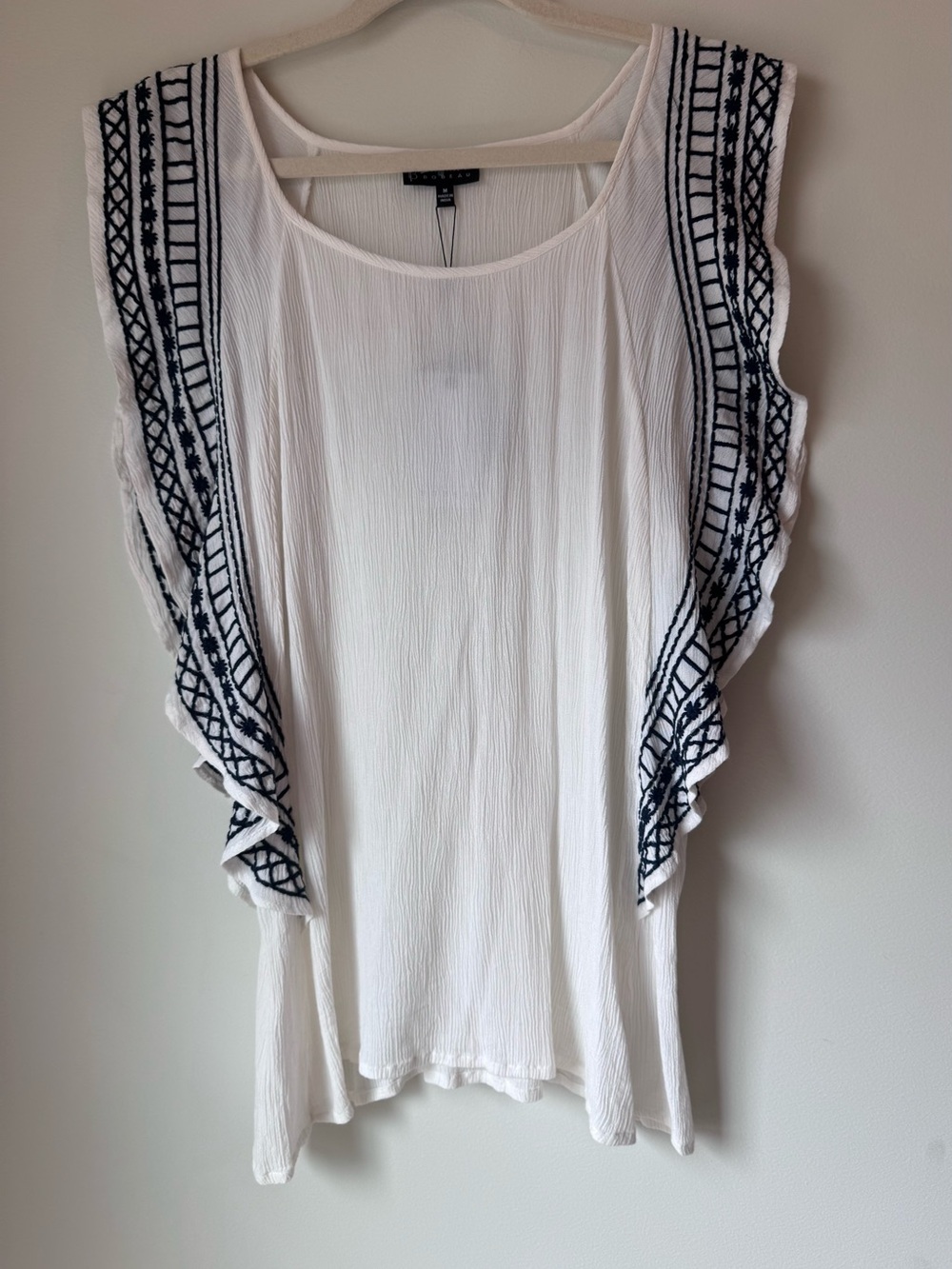 bobeau White Ruffled Sleeve Blouse with dark navy Embroidery